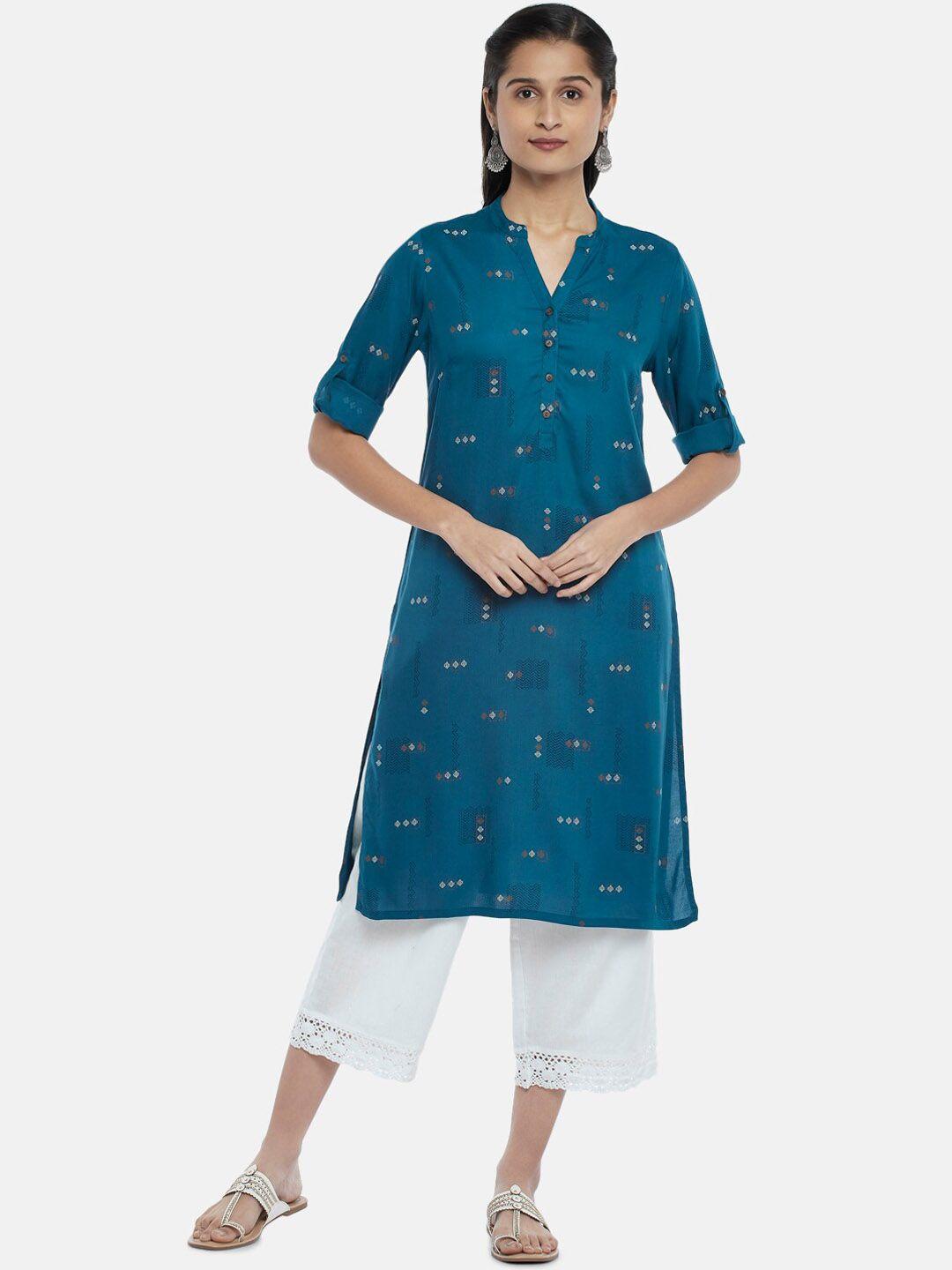 rangmanch by pantaloons women teal blue printed kurta