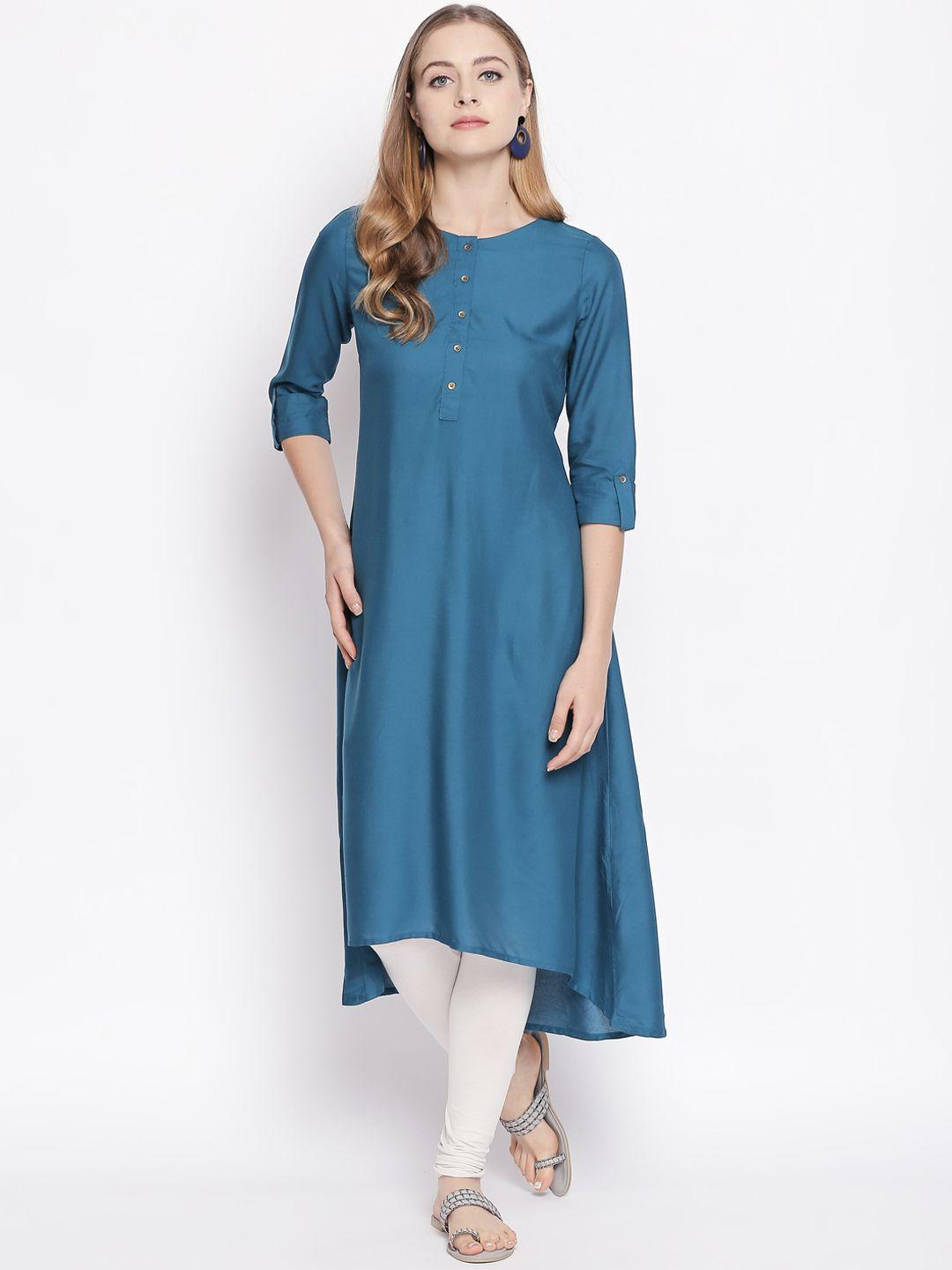 rangmanch by pantaloons women teal blue solid a-line kurta