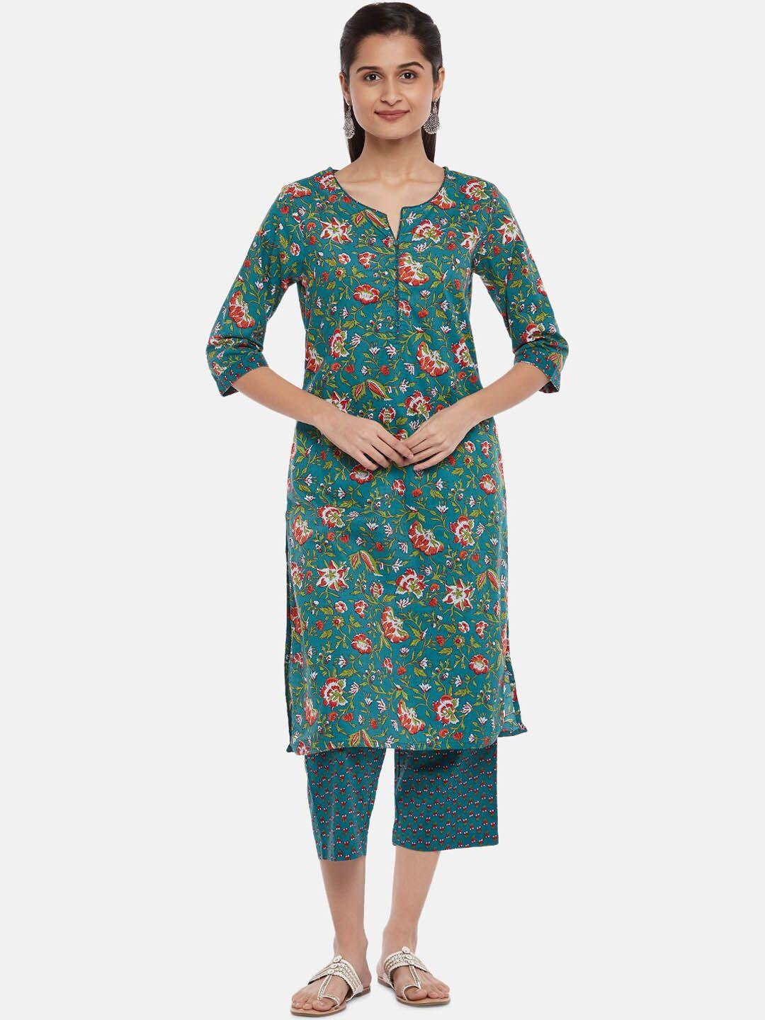 rangmanch by pantaloons women teal floral printed pure cotton kurta set