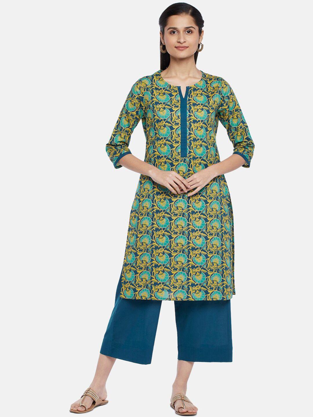 rangmanch by pantaloons women teal floral printed pure cotton kurti with trousers & with dupatta