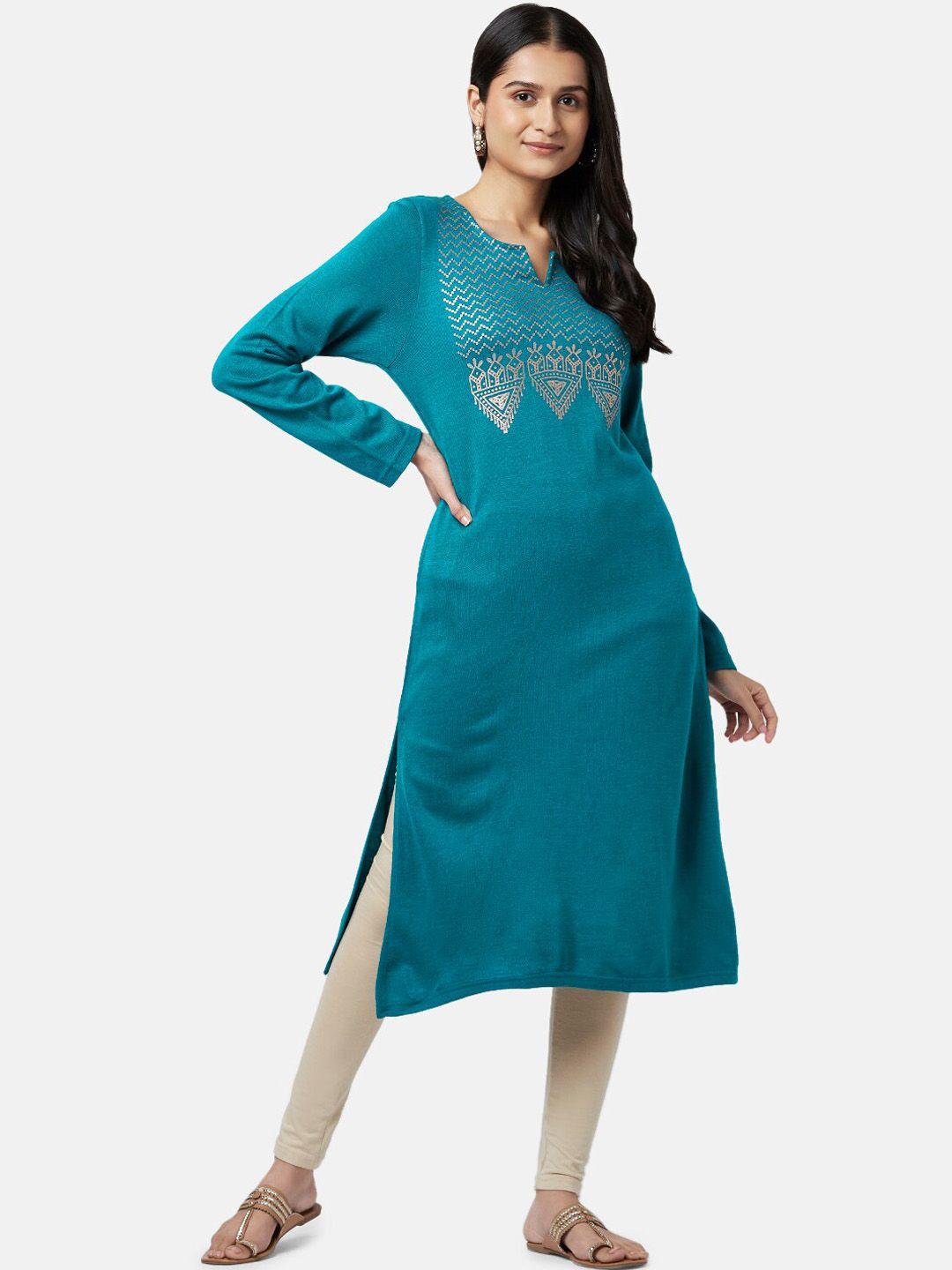 rangmanch by pantaloons women teal geometric printed kurta