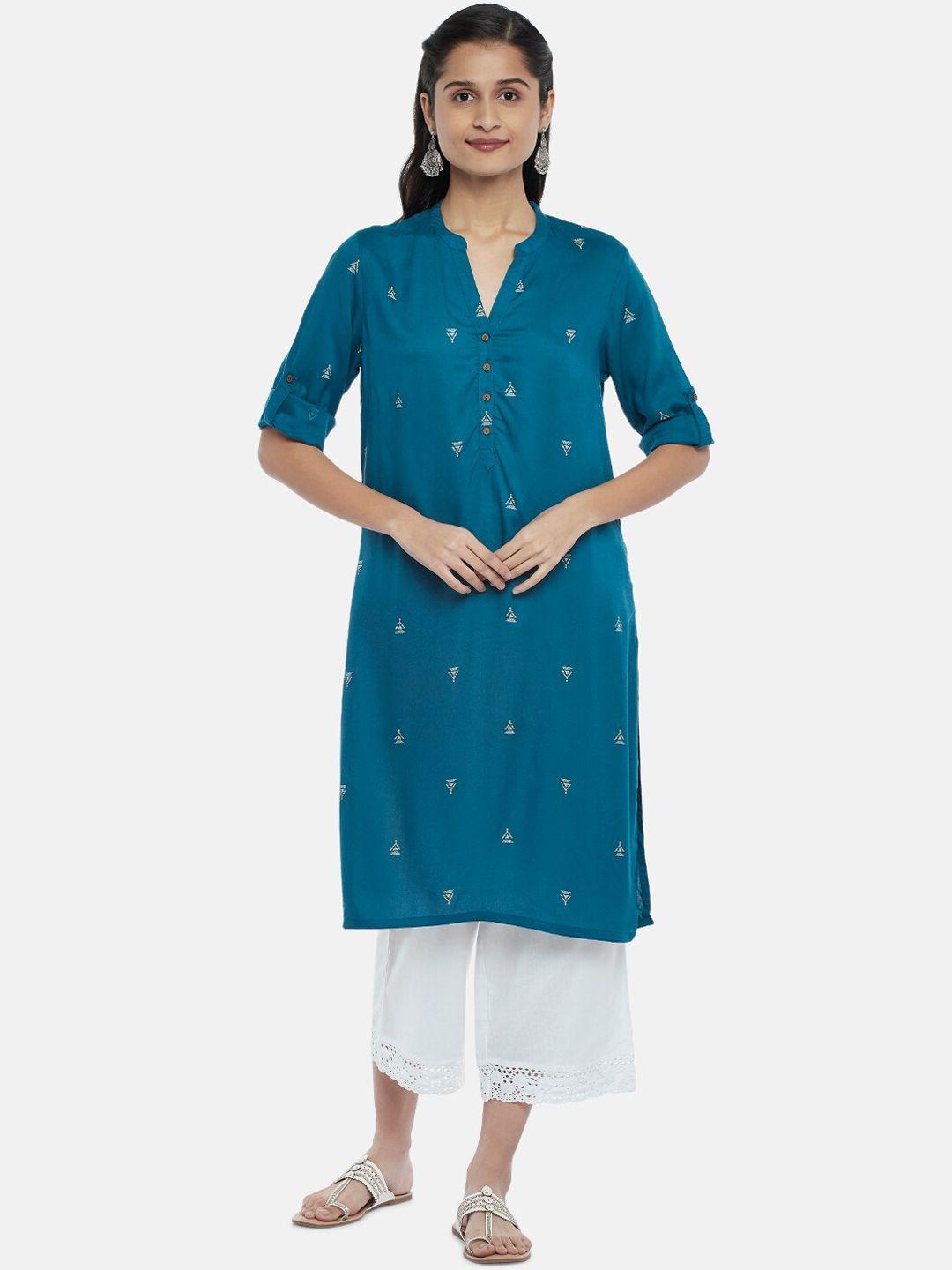 rangmanch by pantaloons women teal geometric printed straight kurta