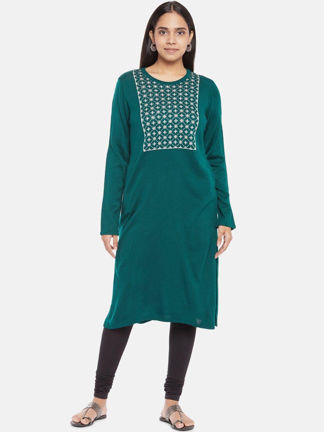 rangmanch by pantaloons women teal geometric yoke design kurta