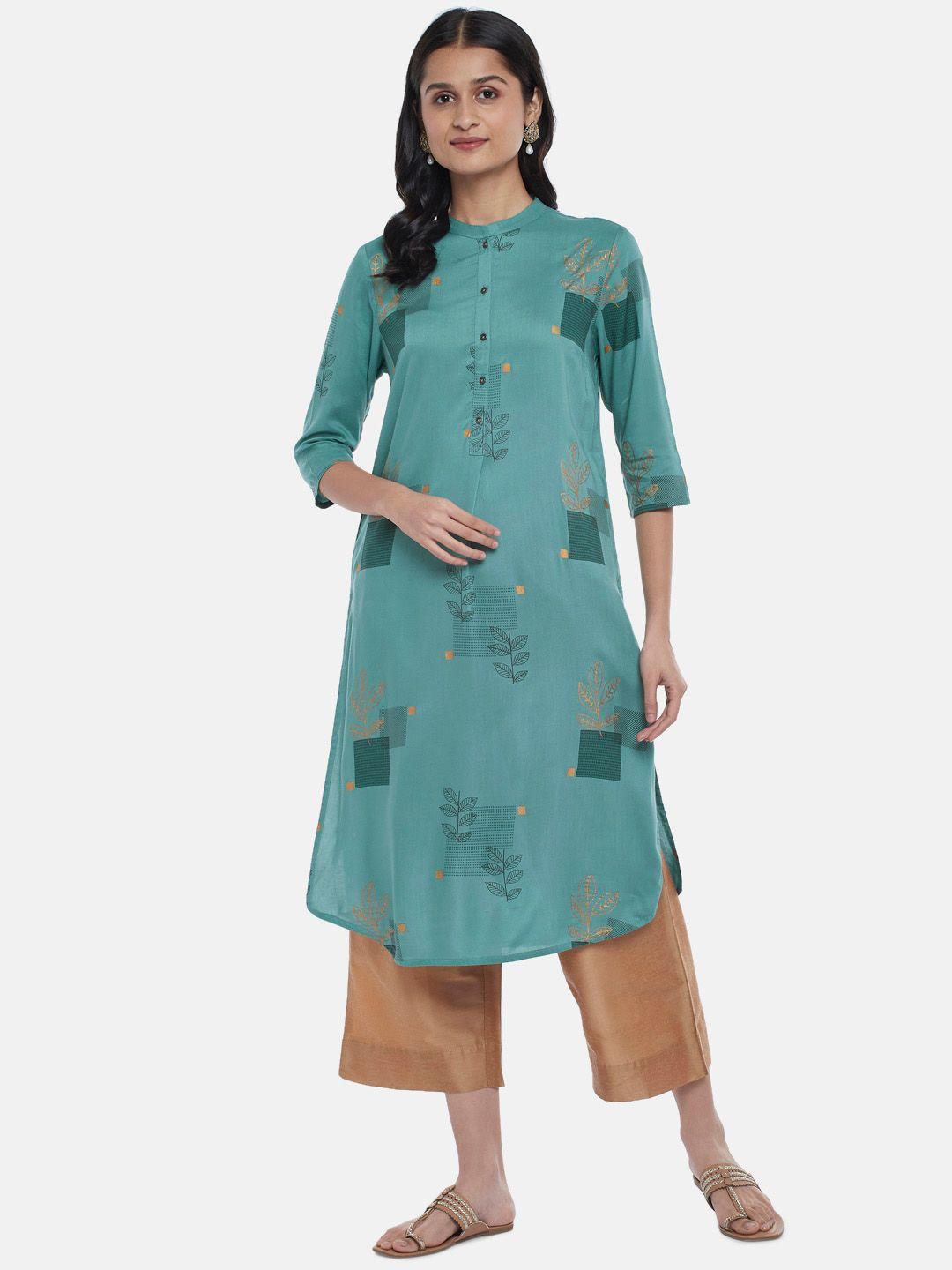 rangmanch by pantaloons women teal green geometric printed a-line kurta