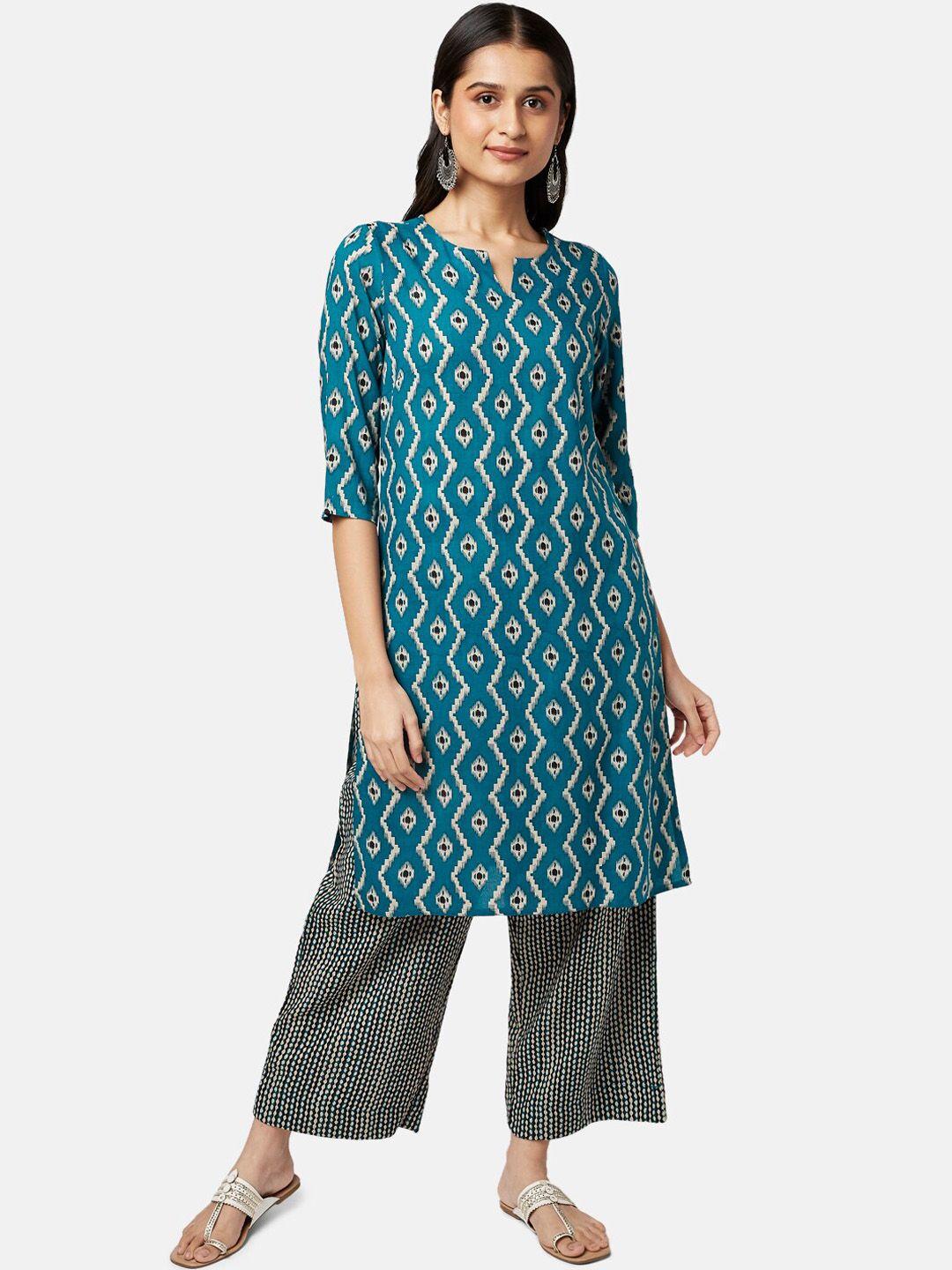 rangmanch by pantaloons women teal printed kurta with trousers