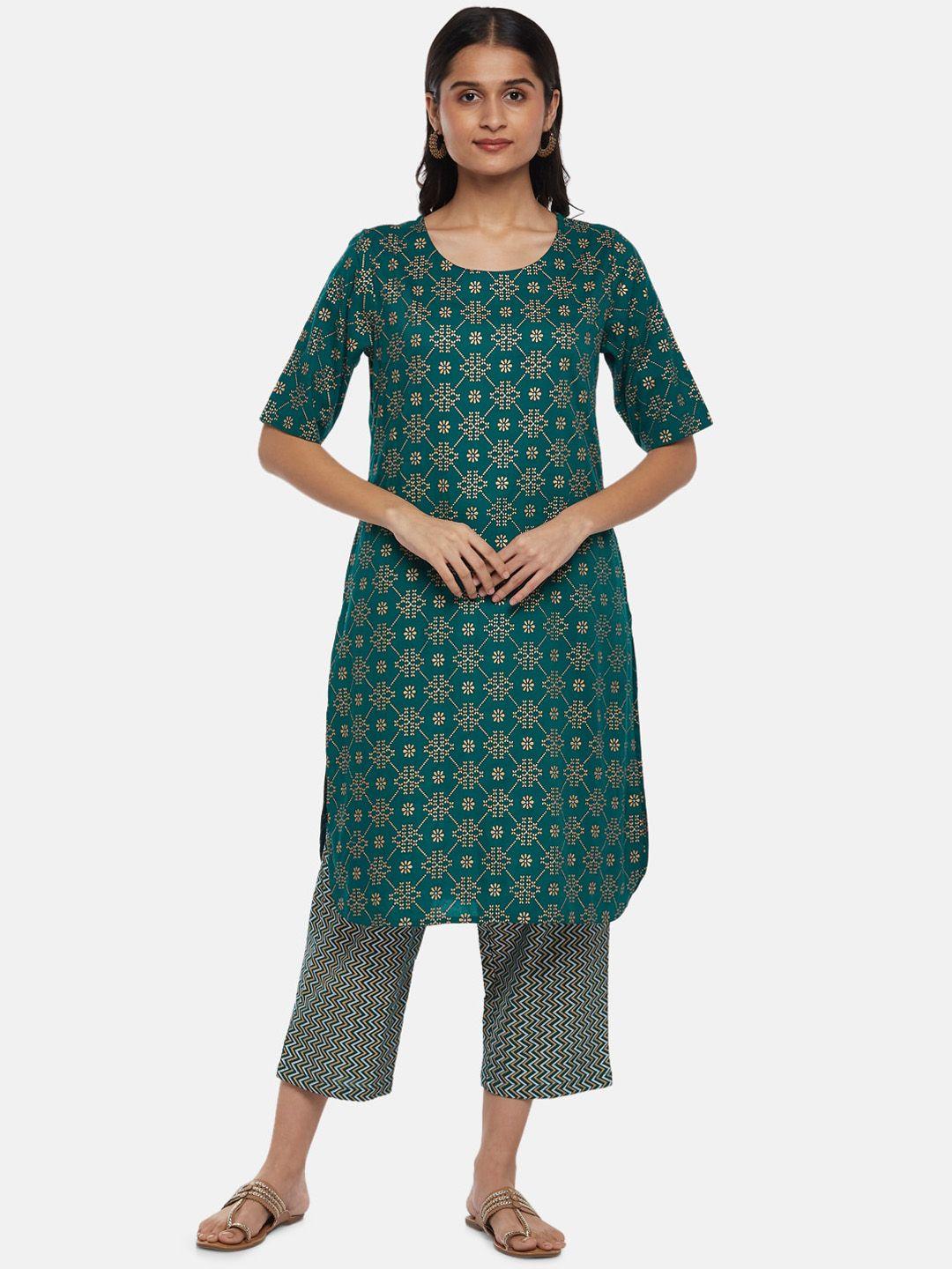 rangmanch by pantaloons women teal printed kurti with trousers