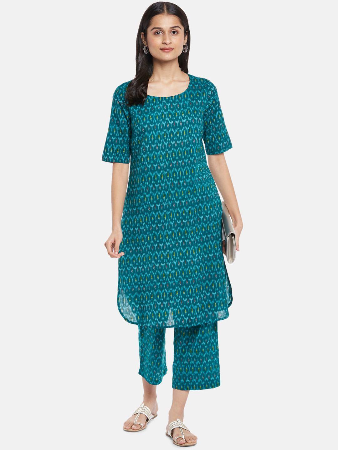 rangmanch by pantaloons women teal printed pure cotton kurti with trousers