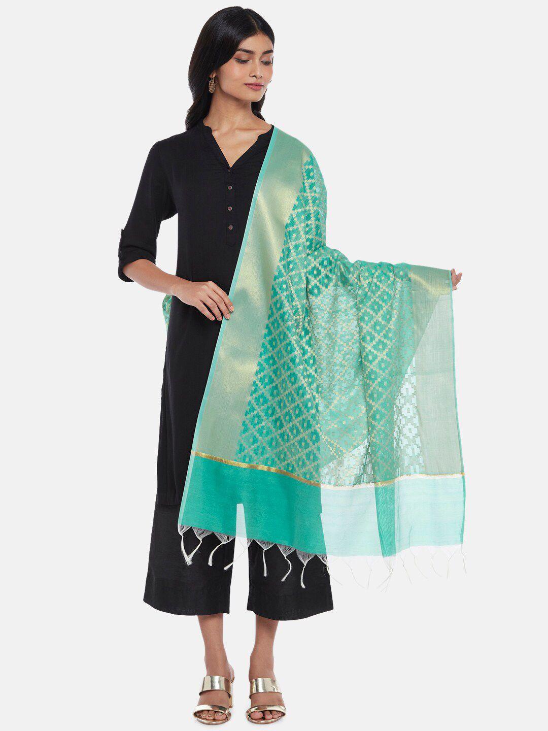 rangmanch by pantaloons women turquoise blue & gold woven design dupatta with zari