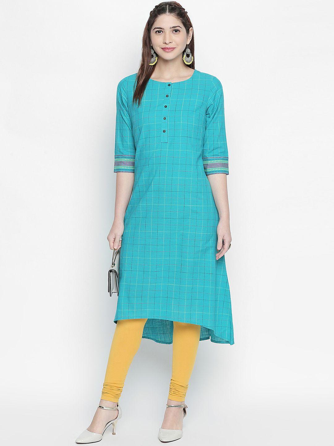 rangmanch by pantaloons women turquoise blue checked a-line kurta