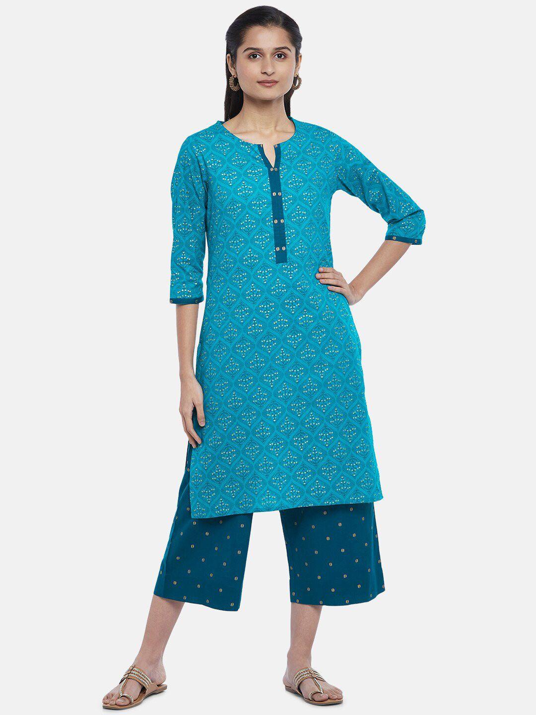rangmanch by pantaloons women turquoise blue ethnic motifs printed pure cotton kurta set