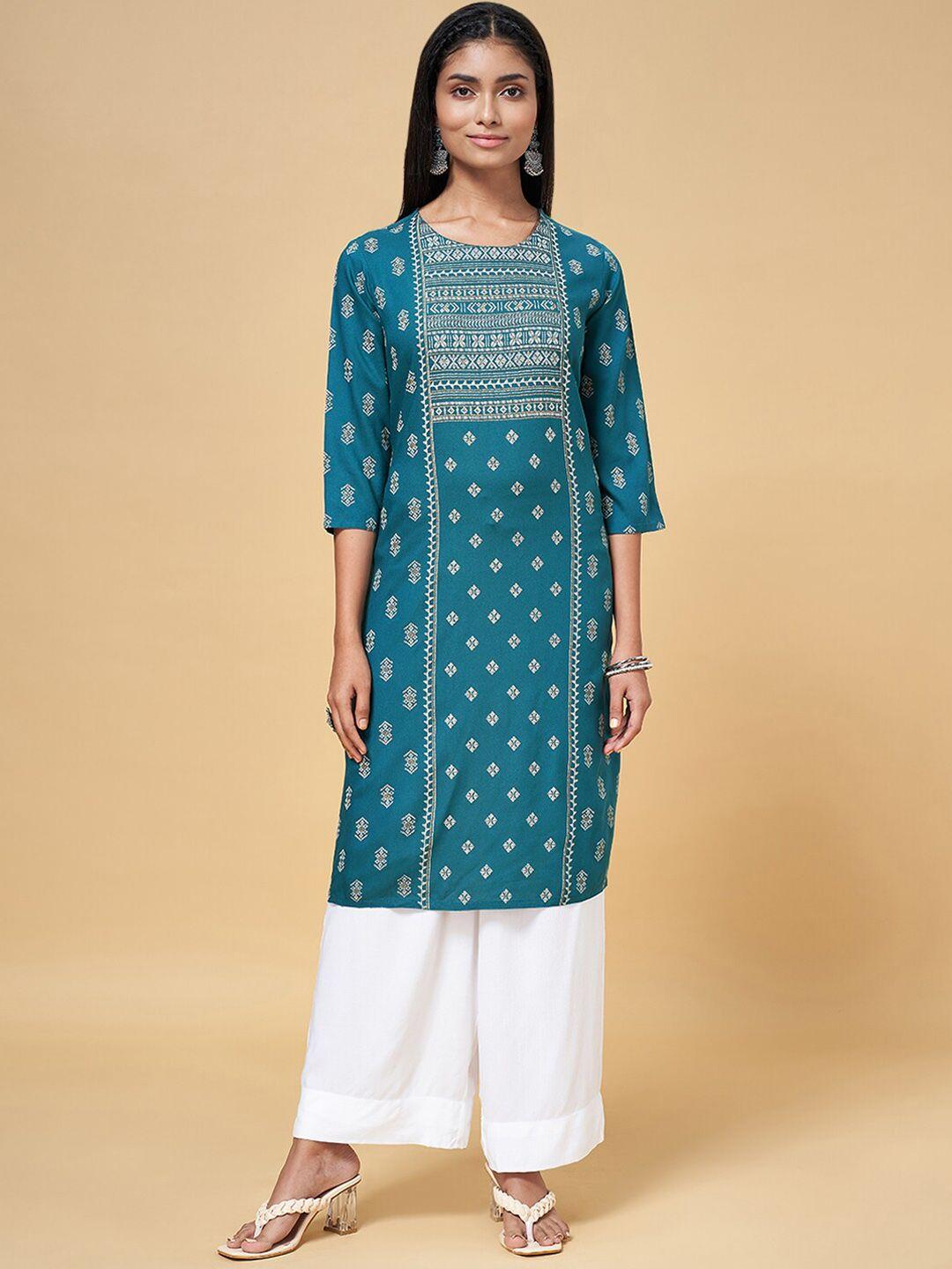 rangmanch by pantaloons women turquoise blue geometric printed flared sleeves thread work kurta