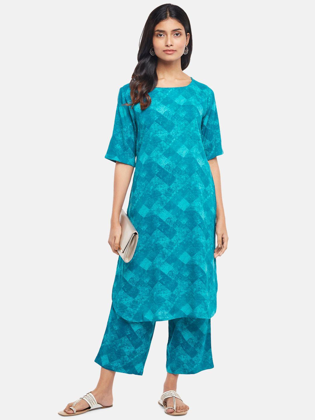 rangmanch by pantaloons women turquoise blue printed kurta with trousers