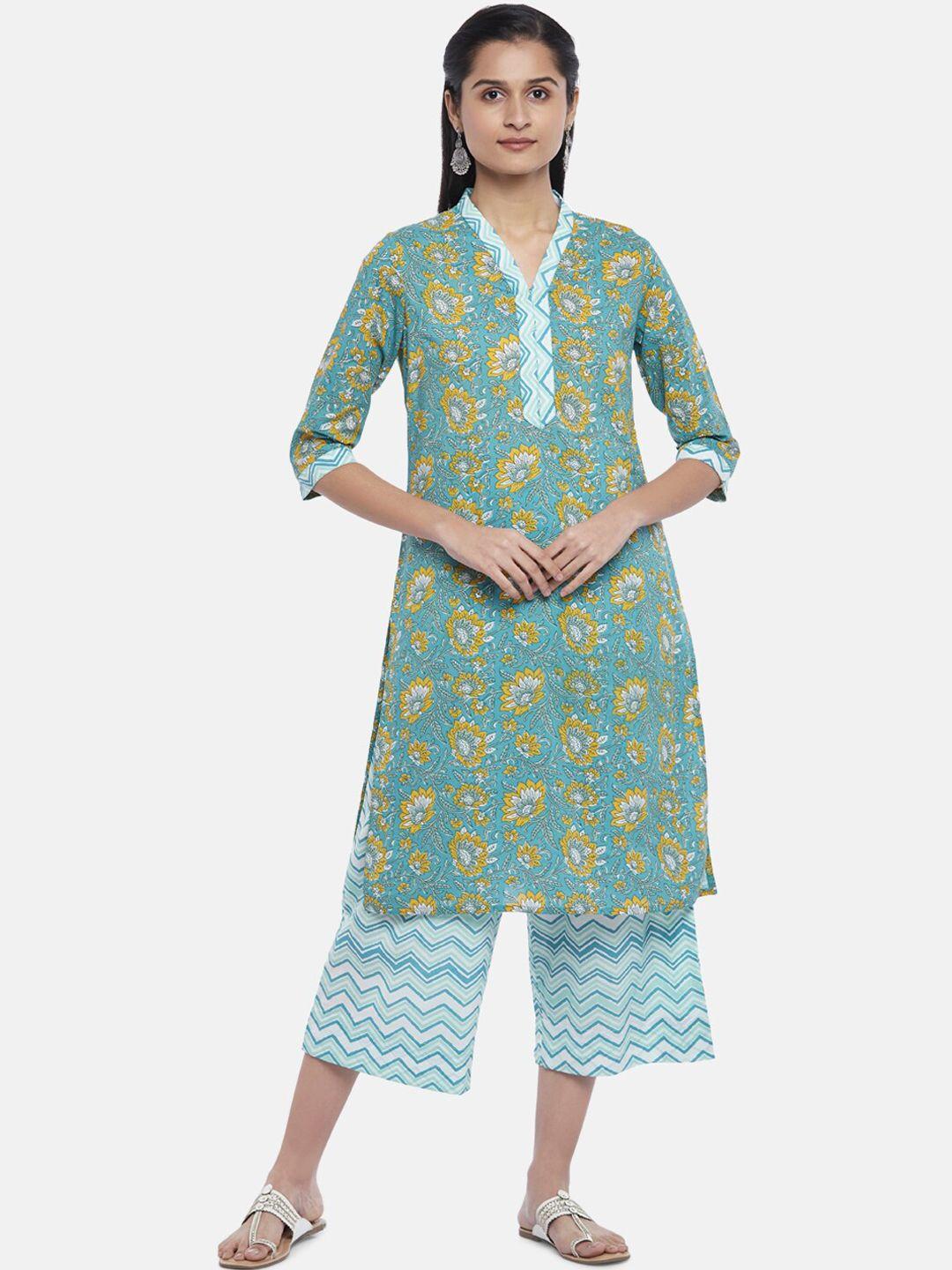 rangmanch by pantaloons women turquoise blue printed pure cotton kurti with trousers & with dupatta