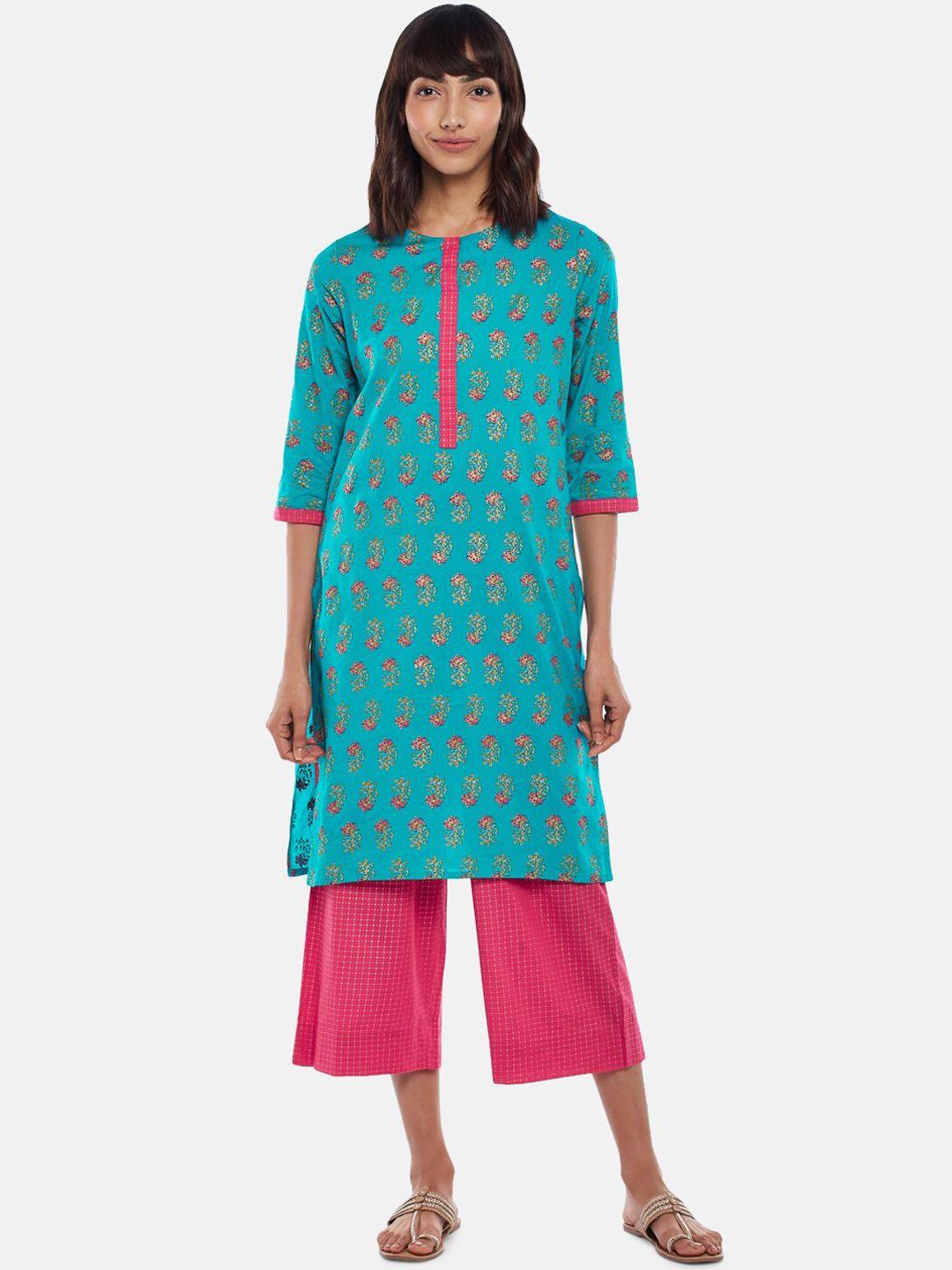 rangmanch by pantaloons women turquoise blue printed pure cotton top with trousers & with dupatta