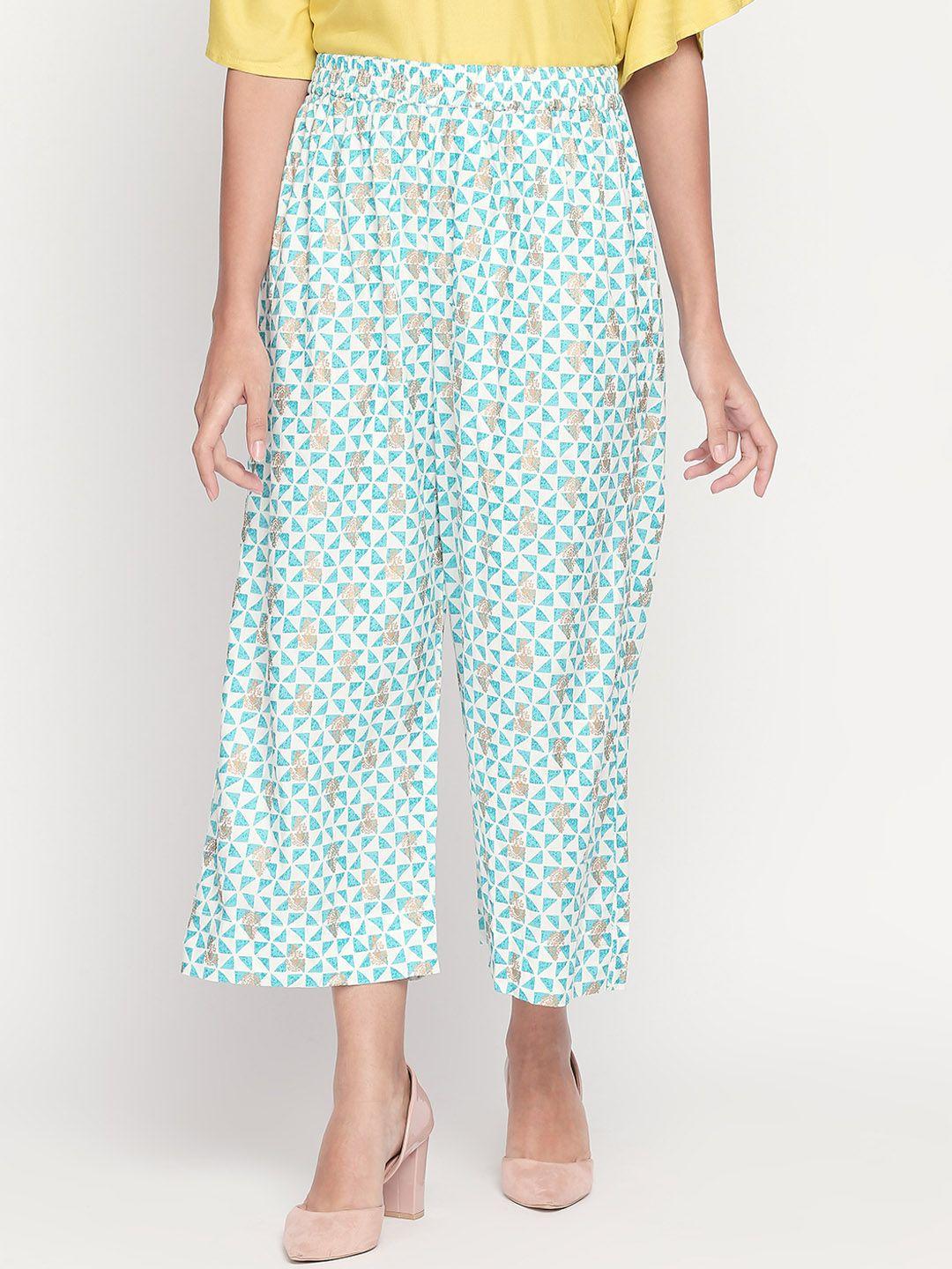 rangmanch by pantaloons women turquoise blue printed trousers