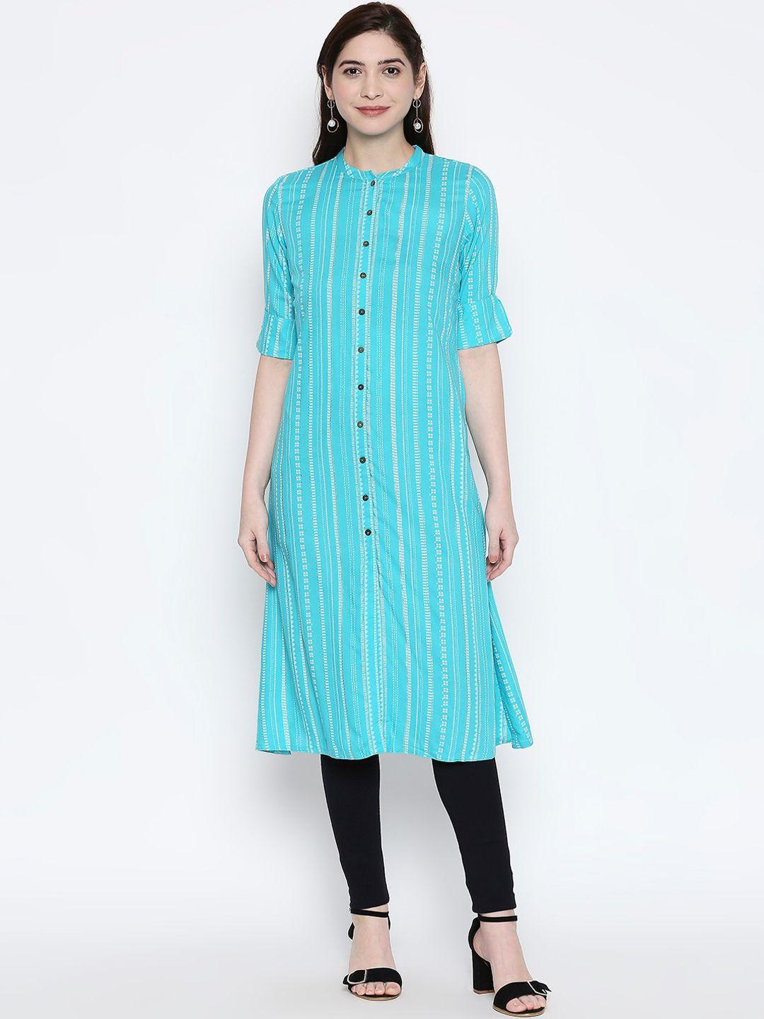 rangmanch by pantaloons women turquoise blue striped a-line kurta