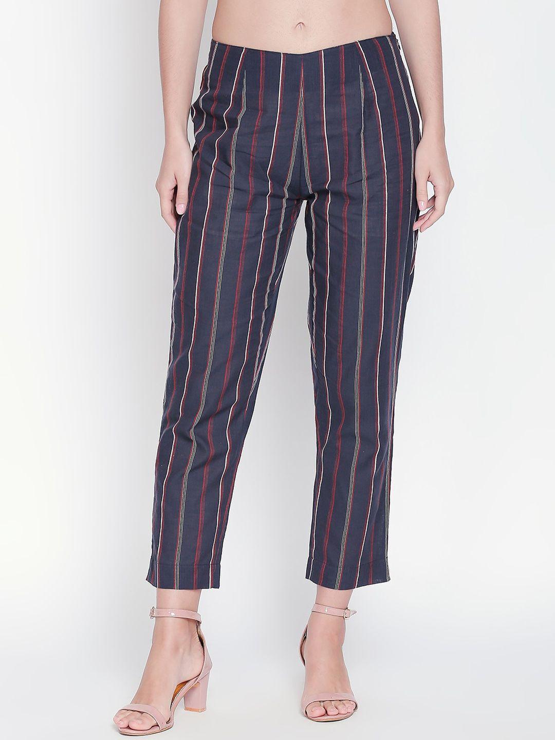rangmanch by pantaloons women violet slim fit striped regular trousers