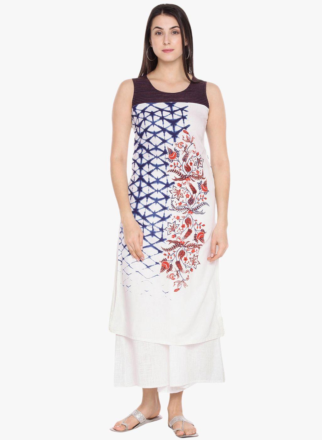 rangmanch by pantaloons women white & blue printed straight kurta