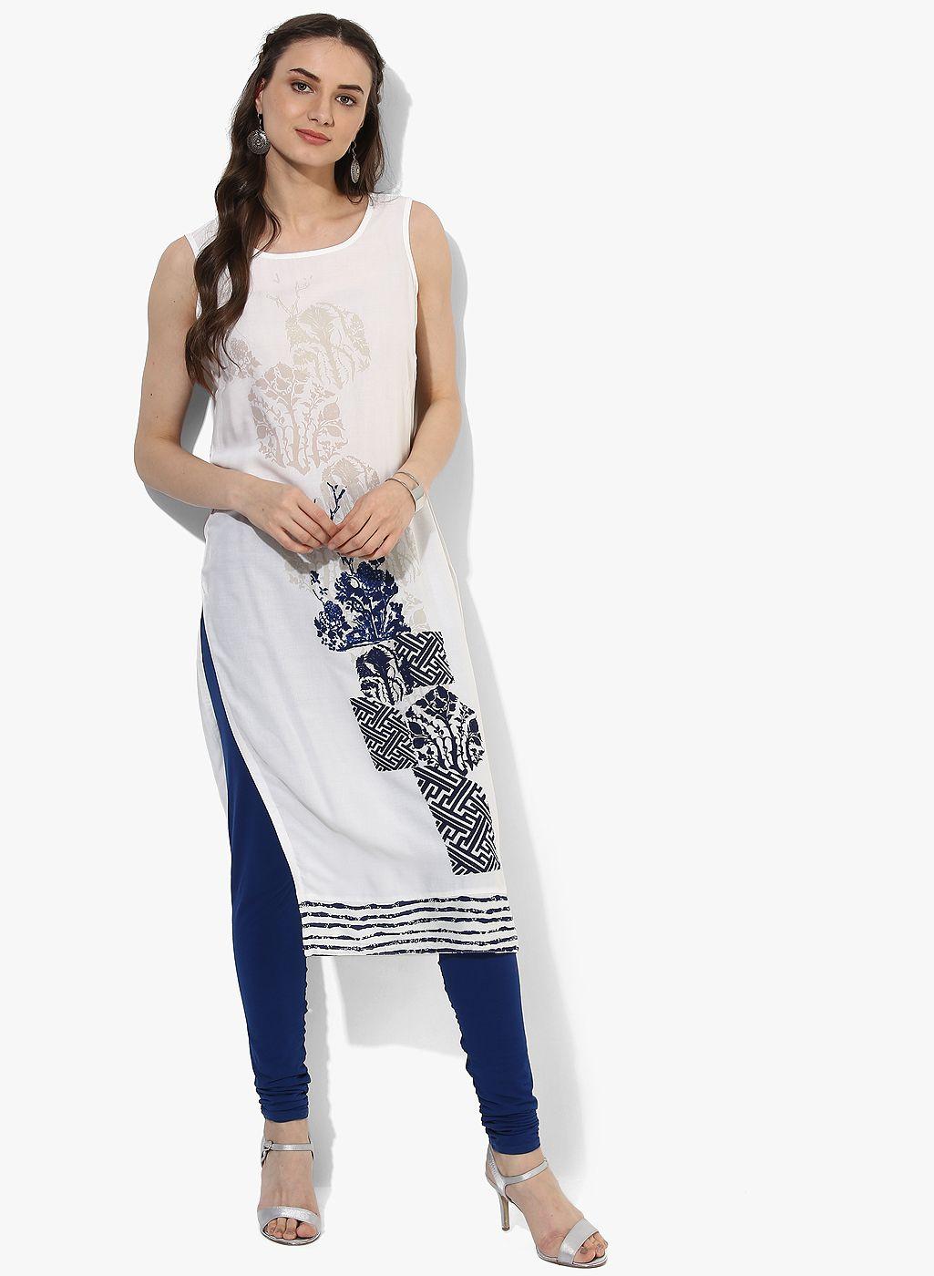 rangmanch by pantaloons women white & navy blue printed straight kurta