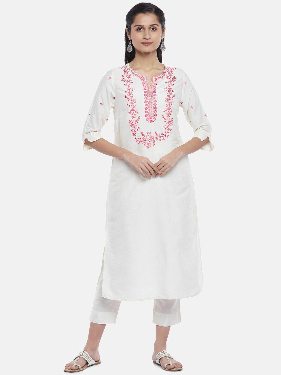rangmanch by pantaloons women white floral embroidered kurta with trousers