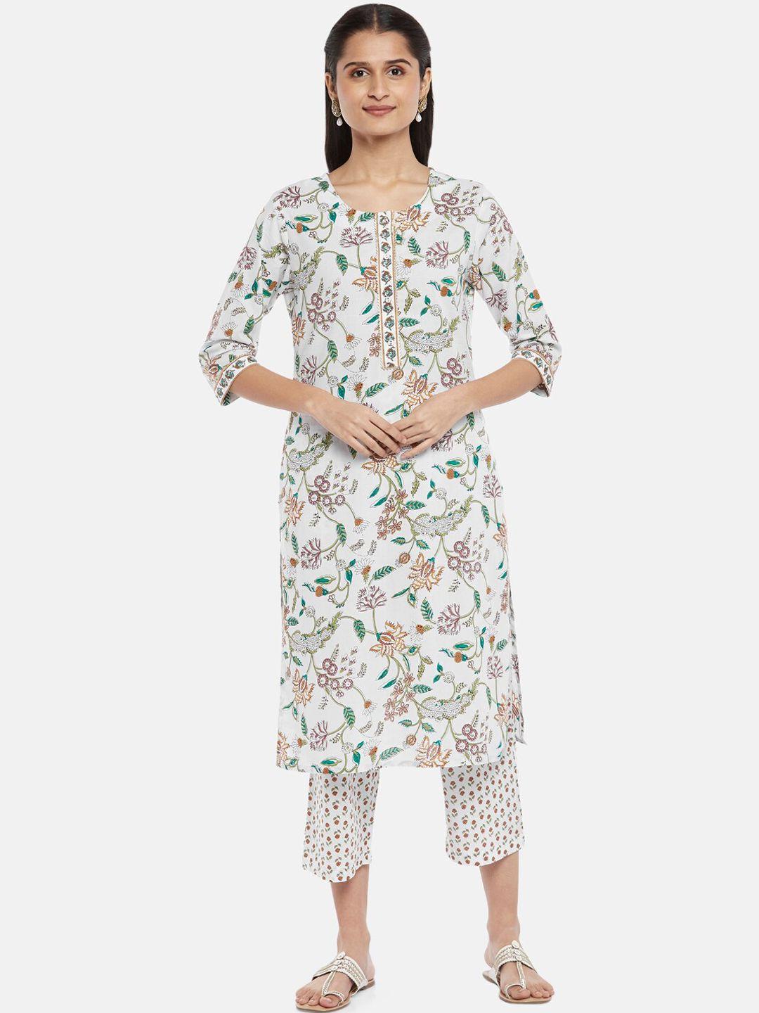 rangmanch by pantaloons women white floral printed pure cotton kurta with trousers