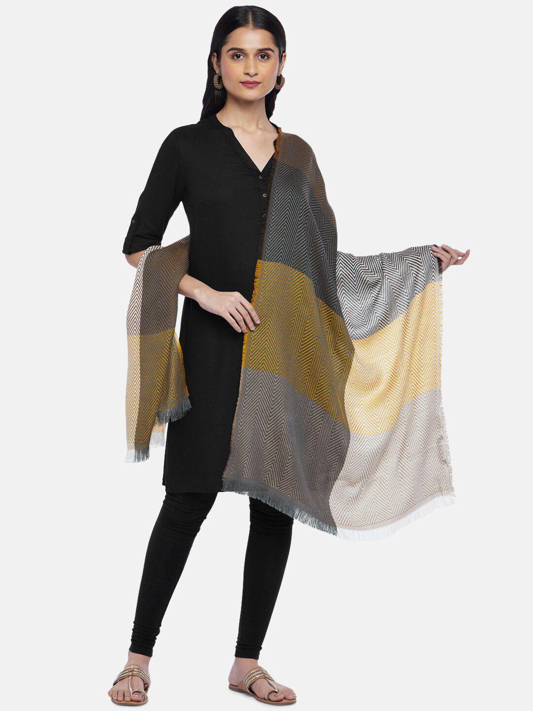 rangmanch by pantaloons women yellow & grey woven design pure acrylic shawl