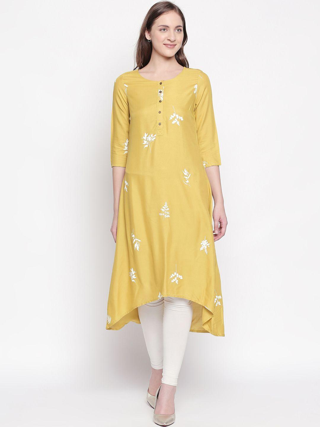 rangmanch by pantaloons women yellow & white embroidered a-line kurta