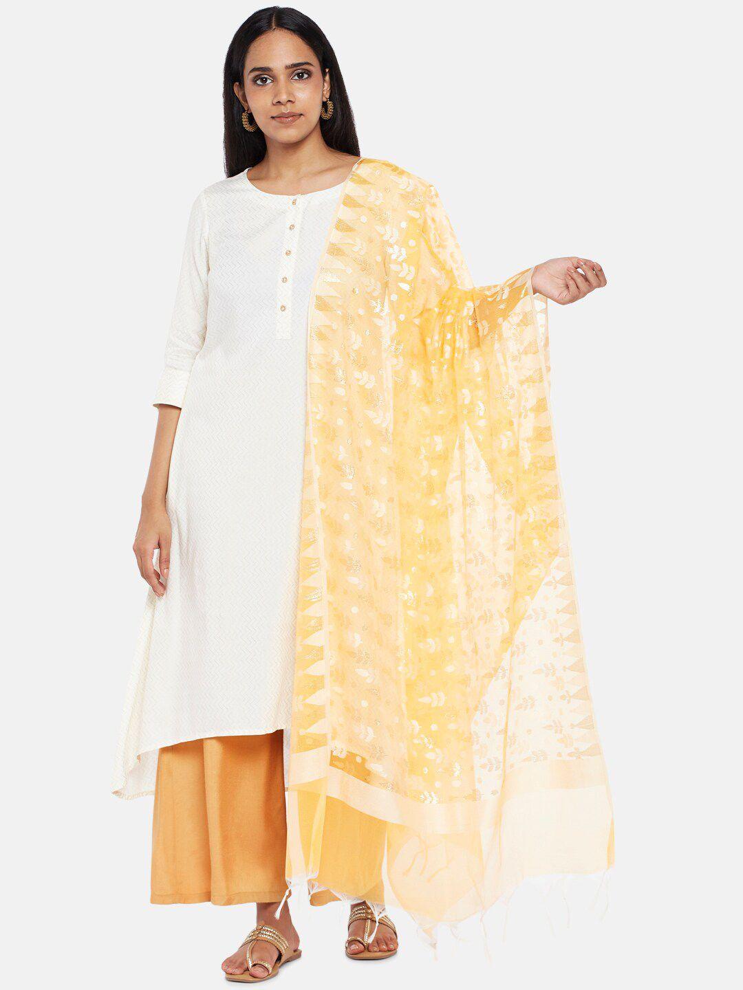 rangmanch by pantaloons women yellow & white woven design pure silk dupatta
