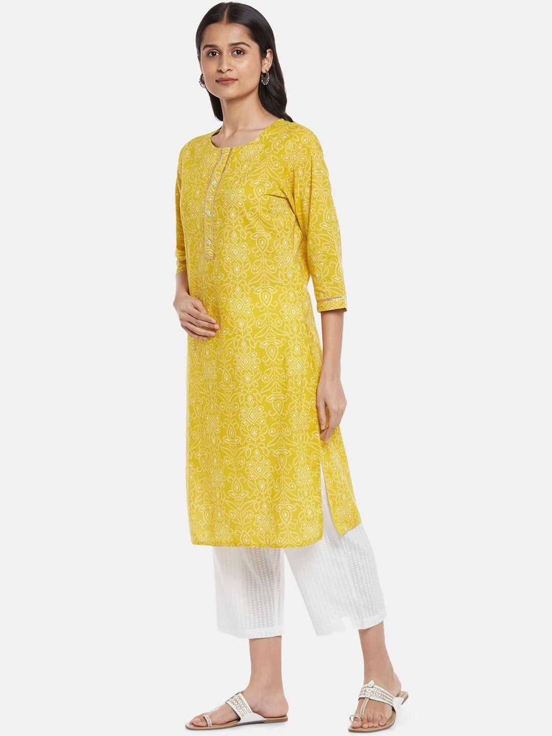 rangmanch by pantaloons women yellow bandhani printed pure cotton kurta with trousers
