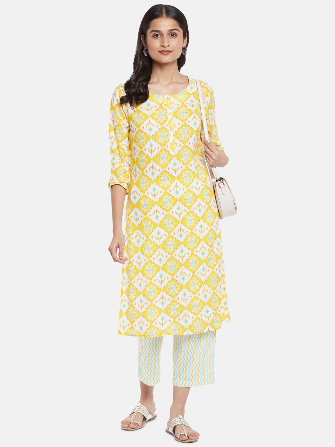 rangmanch by pantaloons women yellow ethnic motifs printed kurti with trousers