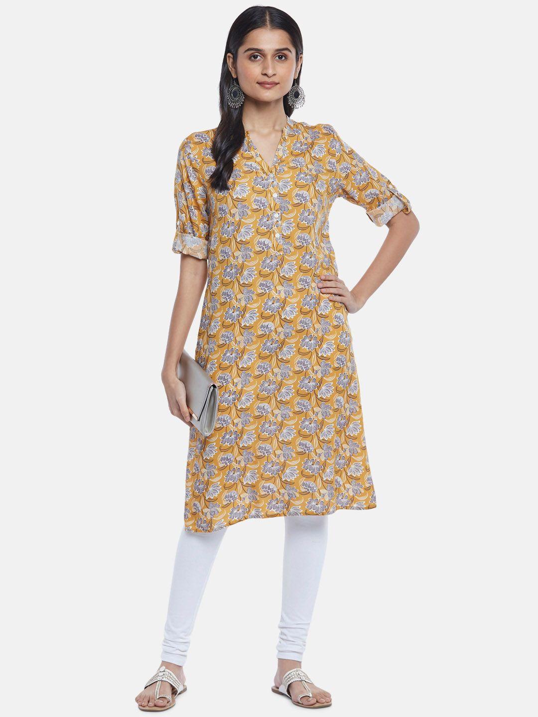 rangmanch by pantaloons women yellow floral print rolled up sleeves kurta