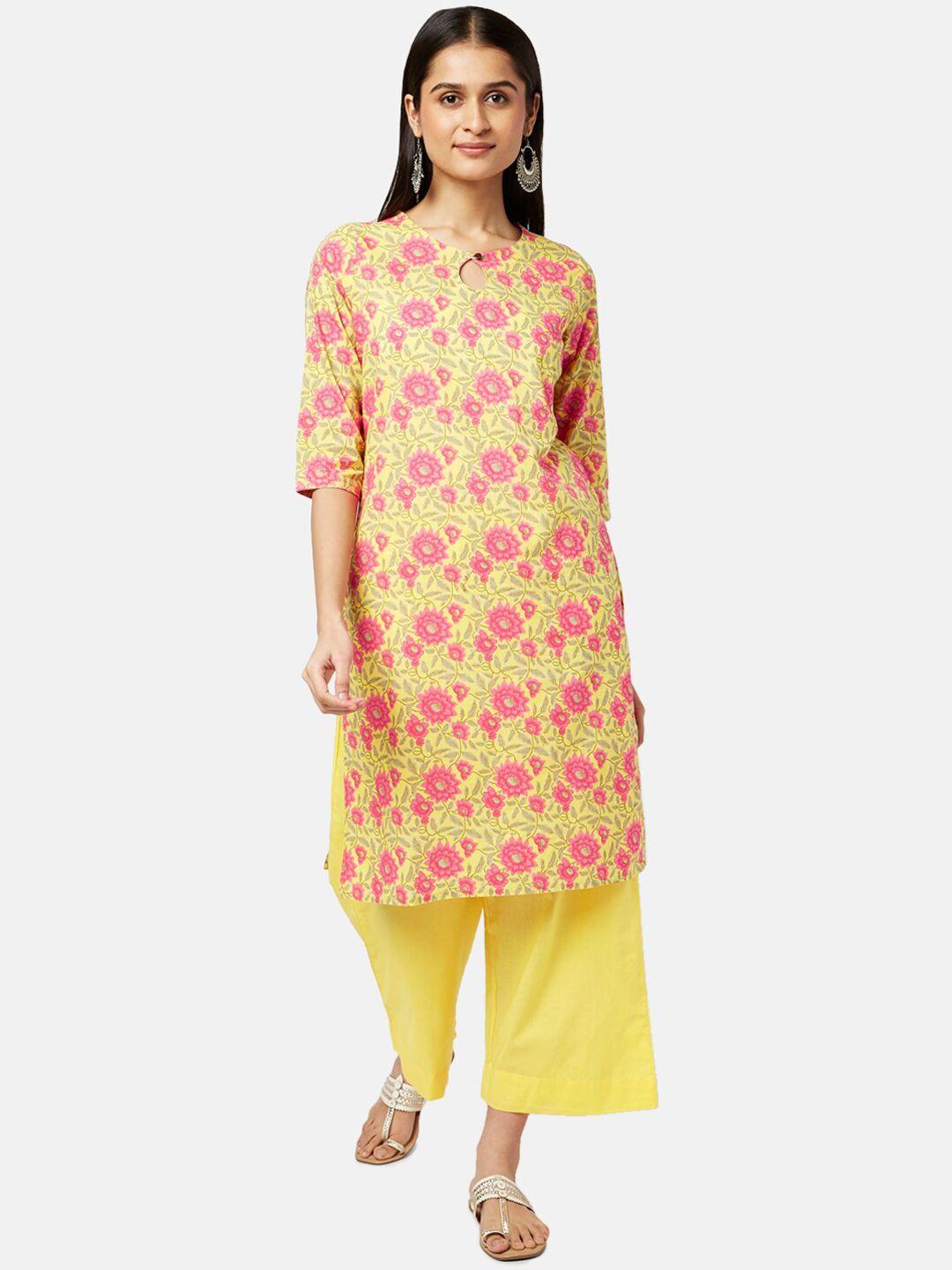 rangmanch by pantaloons women yellow floral printed pure cotton kurta with trousers