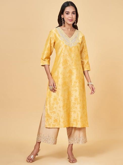 rangmanch by pantaloons yellow cotton embroidered straight kurta