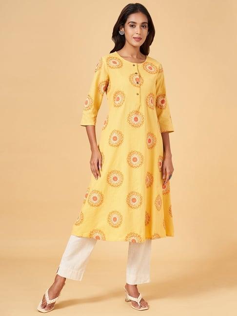 rangmanch by pantaloons yellow cotton printed a line kurta