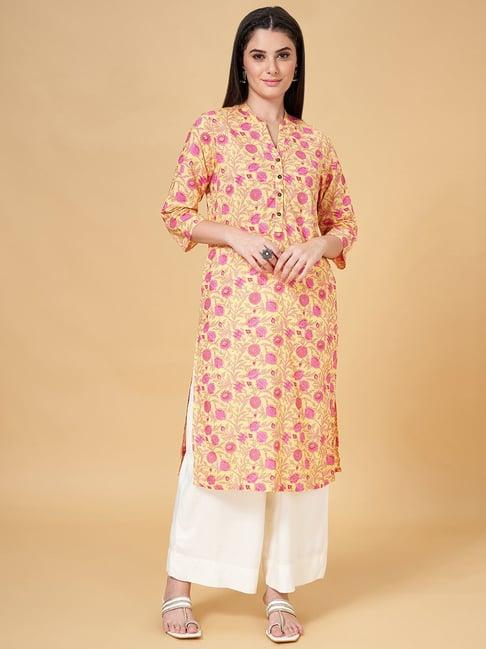 rangmanch by pantaloons yellow cotton printed straight kurta