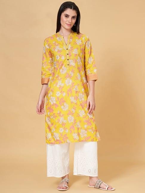 rangmanch by pantaloons yellow cotton printed straight kurta