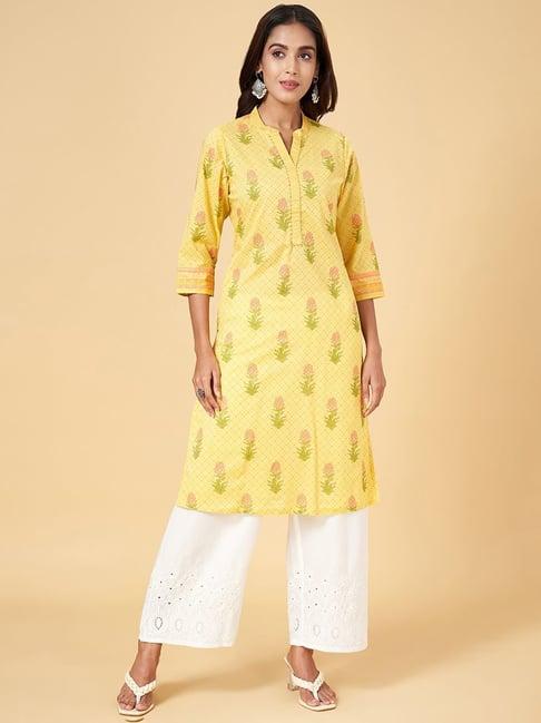 rangmanch by pantaloons yellow cotton printed straight kurta