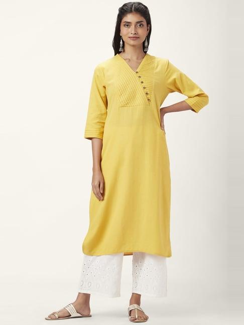 rangmanch by pantaloons yellow cotton straight kurta