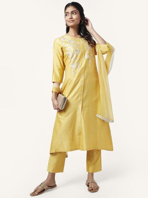 rangmanch by pantaloons yellow embroidered kurta pant set with dupatta