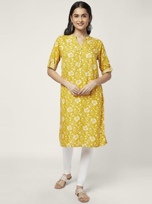 rangmanch by pantaloons yellow printed straight kurta