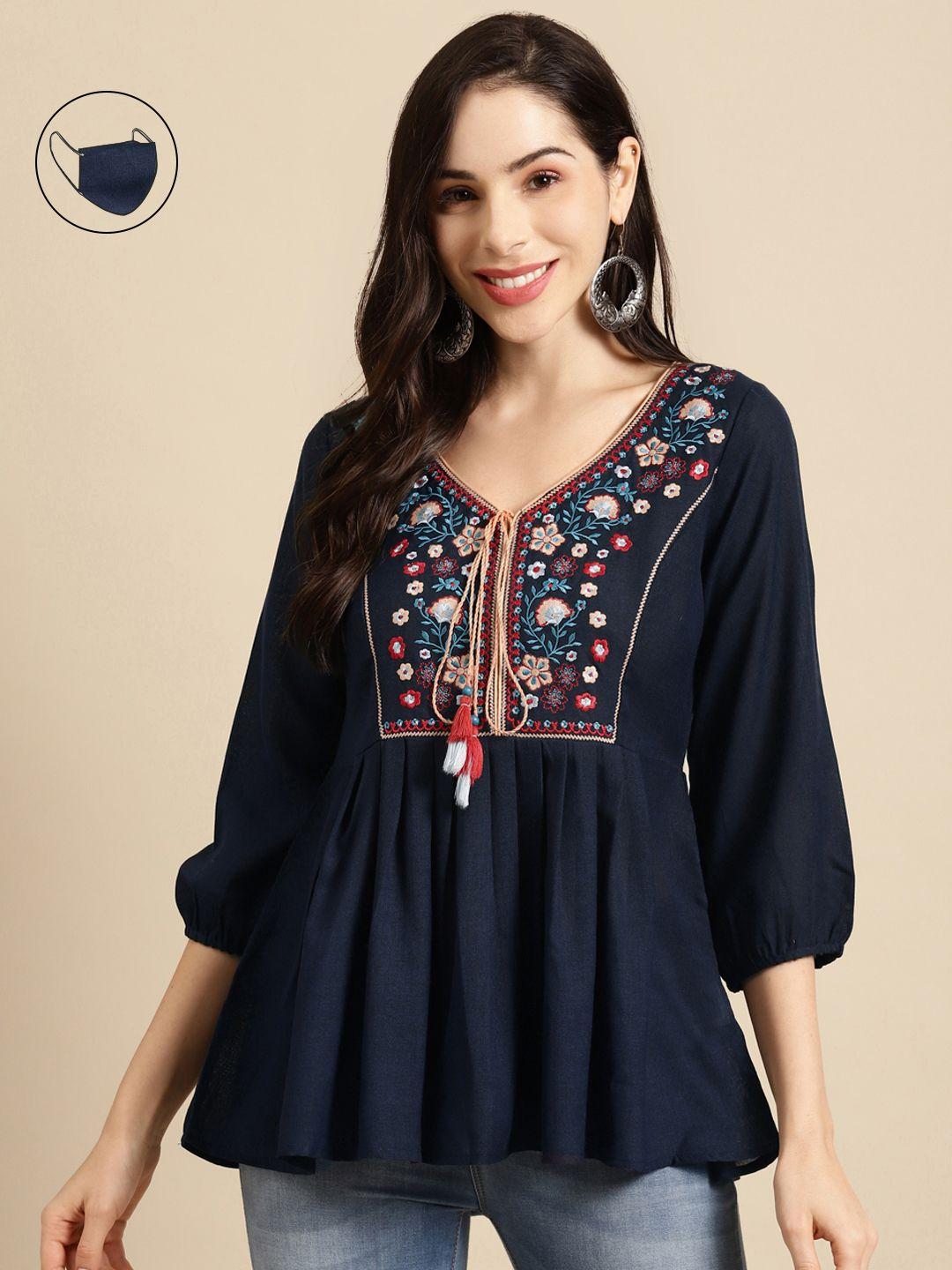 rangmayee navy blue ethnic motifs embroidered tunic with mask