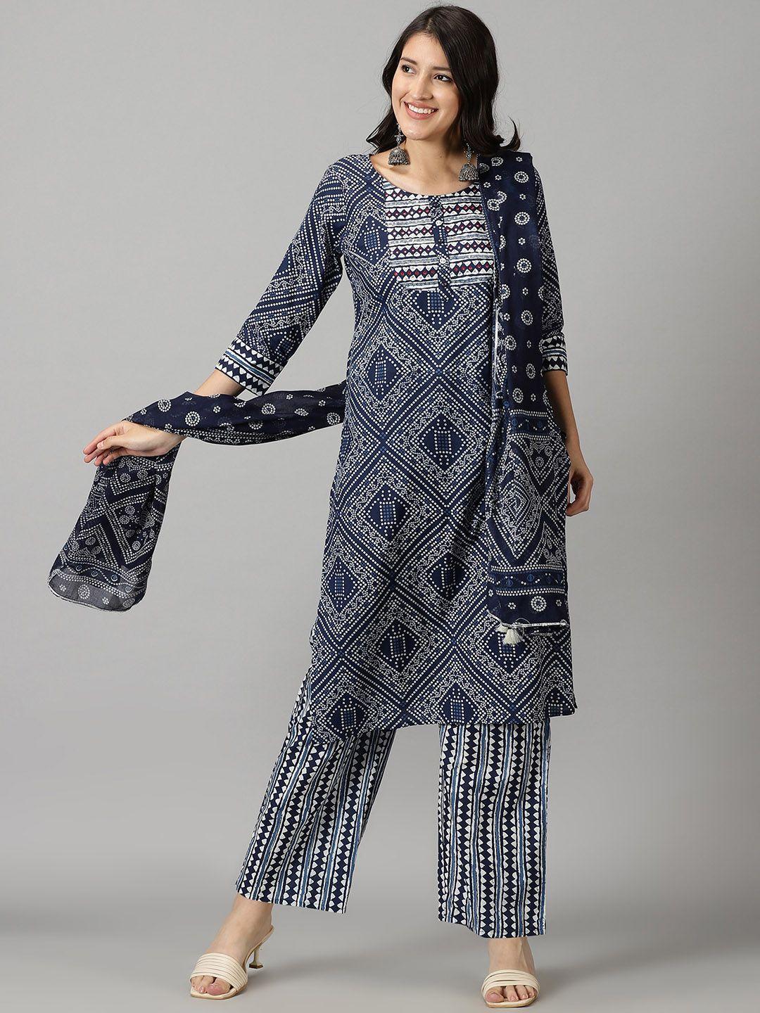 rangmayee bandhani printed straight regular pure cotton kurta with trousers &  dupatta