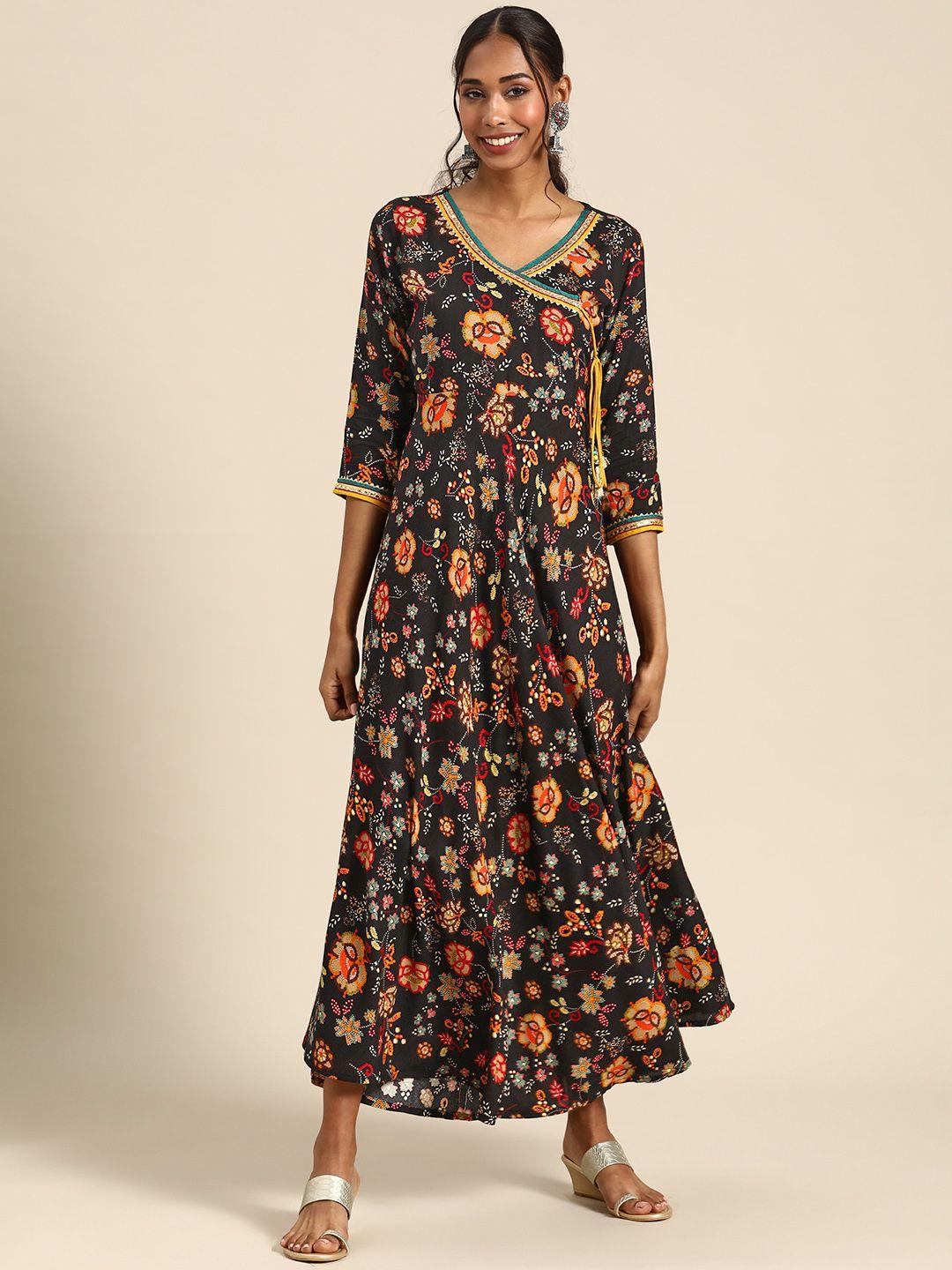 rangmayee black & yellow floral liva ethnic a-line maxi dress