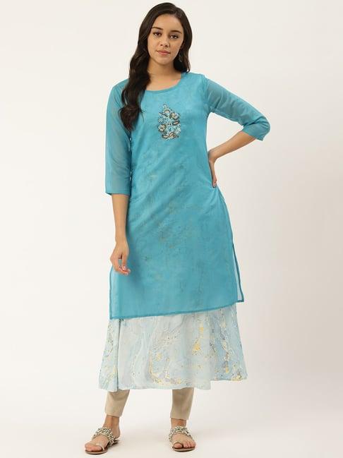 rangmayee blue embroidered straight kurta with inner slip