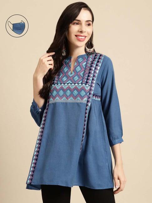 rangmayee blue embroidered tunic with mask