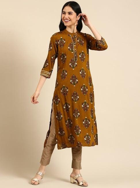 rangmayee brown cotton floral print straight kurta