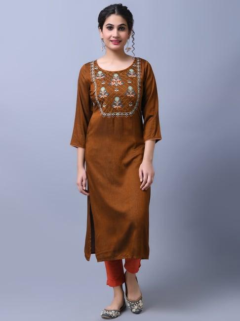 rangmayee brown embroidered straight kurta