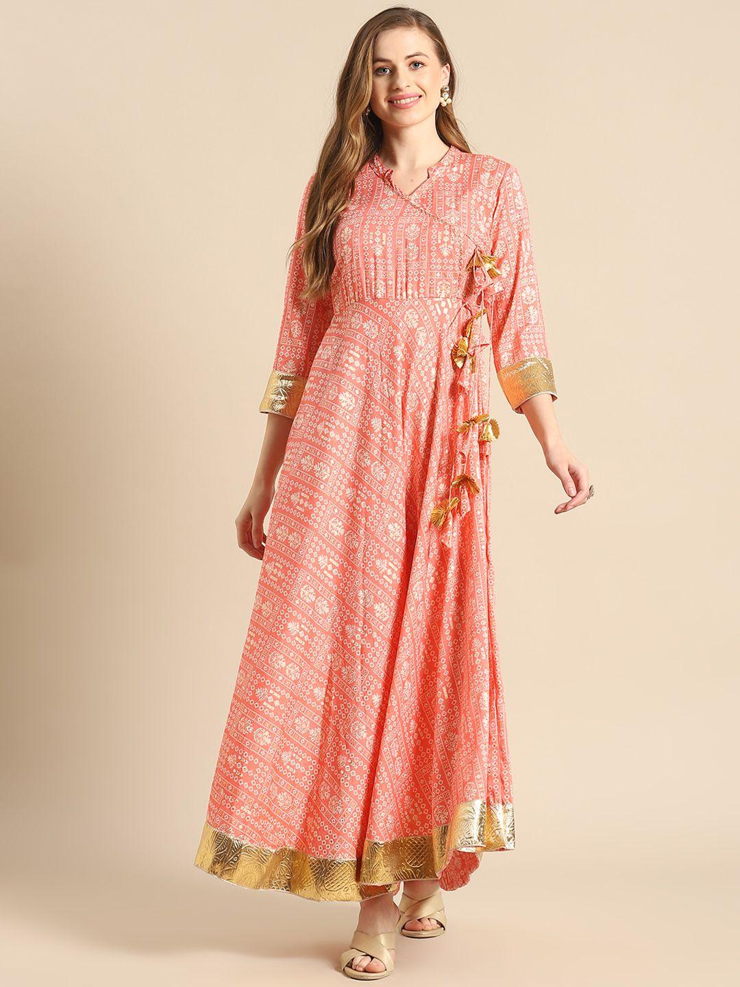 rangmayee coral pink gotta patti foil printed angrakha style maxi dress