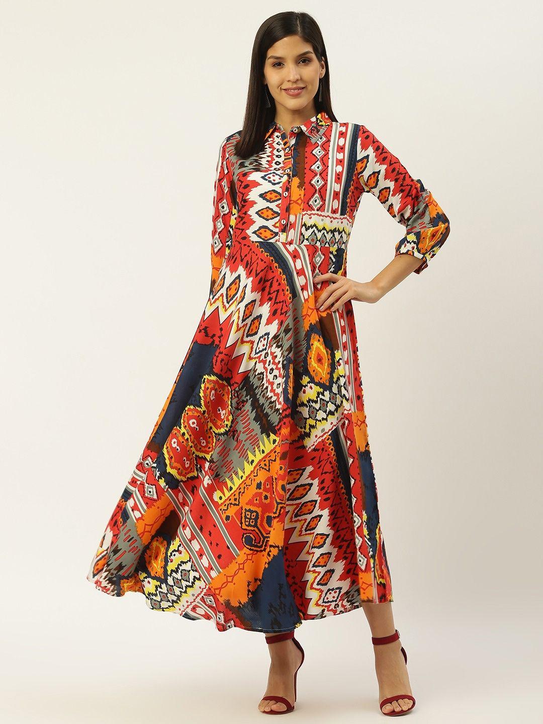 rangmayee ethnic motifs printed shirt collar maxi dress