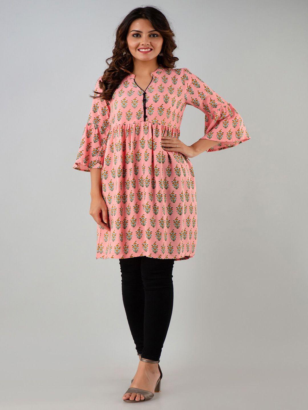 rangmayee floral block printed mandarin collar bell sleeves a-line liva kurti